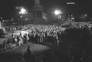 Trafalgar Square London July 1969 People gather late at night in Trafalgar Square