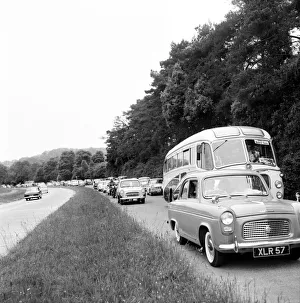 Traffic 1960. Homeward bound traffic on the Worthing-London road at Washington was slowed