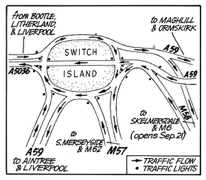 Motorways Prints: Traffic flow at Switch Island Junction illustrated in the Liverpool Echo drawing Circa