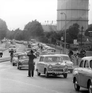 Traffic at Staines Bridge returning from the coast on a hot summer day