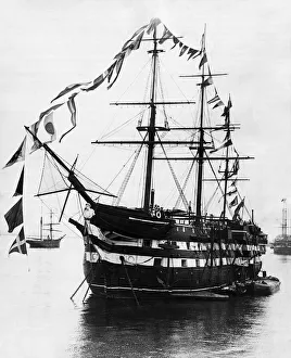 Battleship Prints: The training ship Warspite decorated for an inspection of Prince Louis of Battenbury