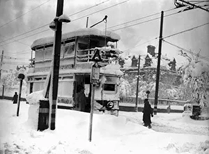 Trams Prints: A tram in the snow during the great snowfall of January 1947 The temperature on the 29th