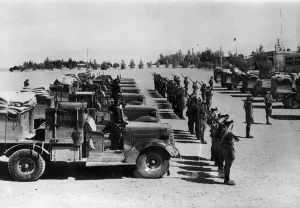 01458 Prints: Transjordan mechanised squadron on parade before a patrol on the Syrian border. June 1941