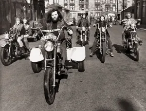 00203 Prints: Transport Motorbikes. Billy Gordon of Glasgow rides his home built tricycle powered by a