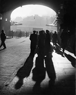 Shadows Prints: Transport Strike. Strikers talking under a bridge during the troubles