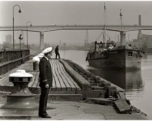 Barges Prints: Trawler in the docks at Manchester ship canal seen through the mist June 1967