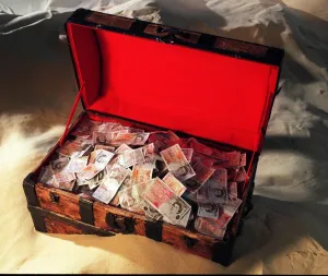 00502 Prints: Treasure Chest full of banknotes for Daily Mirror Competition Take Your Pick
