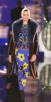 Trish Goff models for Versace at Paris Fashion Show Fake fur collar coat