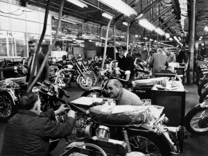 Triumph motor cycles once more rolling off the assembly lines at Meriden