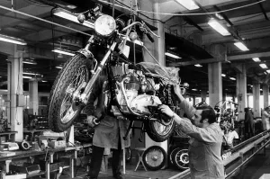 Triumph motor cycles once more rolling off the assembly lines at the Norton-Villiers