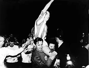 Triumphant Stanley Matthews being carried on the pitch on the shoulders of Lev Yashin