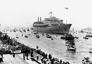 The troop ship SS Canberra is welcomed home from the Falklands War by a flotilla of