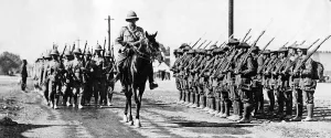 Egypt Prints: Troops from a Lancashire Regiment led by their commanding officer on horseback pass an
