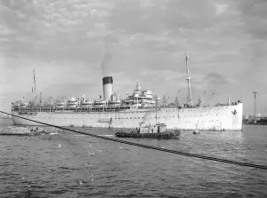 The troopship Stratheden at Port Said on the Suez Canal, Egypt. Circa 1949