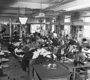 Trouser manufacture at an unknown Nottingham clothing factory. 15th March 1965