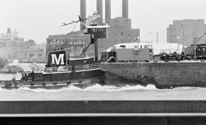 Boats Prints: Tug in Long Island Sound with Schwartz Chemical Company building on Long Island City seen