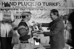 Turkey plucking championship at Henley. December 1984