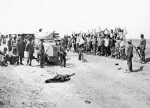 Battles And Campaigns Prints: Turkish officers and men seen here surrendering to a British armoured car