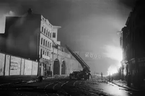 Smoke Prints: A turntable ladder of the London Fire Brigade tacklest fires close to Waterloo railway