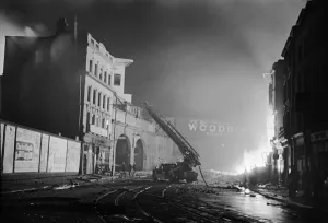 A turntable ladder of the London Fire Brigade tacklest fires close to Waterloo railway