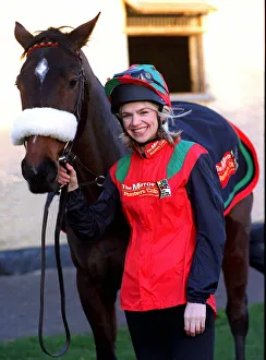 Tv Presenter Zoe Ball dressed in Mirror racing colours with Avro Anson - the horse