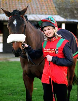 Tv Presenter Zoe Ball dressed in Mirror racing colours with Avro Anson - the horse