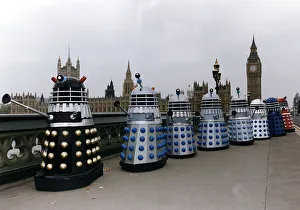 Queue Prints: TV Programmes Dr Who Daleks on Westminster Bridge circa 1980