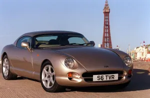 00143 Prints: TVR car February 1999 Road Record TVR speed six in Blackpool Tower in background
