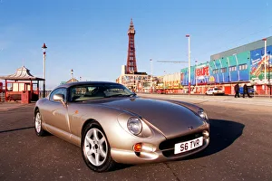 TVR car February 1999 Road Record TVR speed six in Blackpool Tower in background