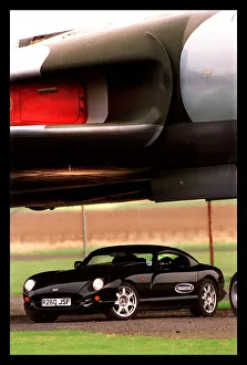 TVR Cerbera car February 1998 underneath plane headlights