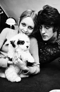 Twiggy model and actress with boyfriend and manager Justin de Villeneuve and puppy