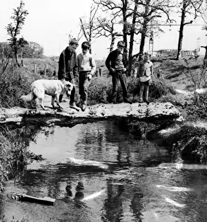 Kirkby Prints: A typical scene at Kirkby - boys making their way across an old tree tree trunk which