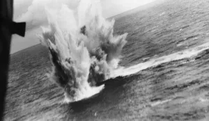 Explosions Prints: U-Boat 610 surprised and sunk. 8th October 1943 Photograph shows the depth charge