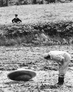Myth Prints: UFO being inspected by farmer Jennings after landing in his field whilst a police officer