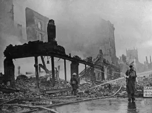 A unexploded bomb amongst the smouldering remains of shops in Bridge Street, Bristol