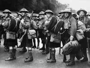 Kilts Prints: Unidentified Scottish Battalion of the British Expeditionary Force seen here boarding a