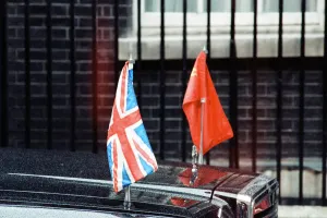 01018 Prints: Union Jack and Russian Flag on a car during Soviet Leader Mikhail Gorbachev s