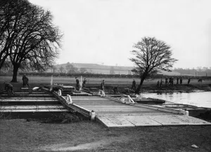 Rural Scene Prints: A unit of Royal Engineers practicing pontoon bridge building over a river in Derbyshire
