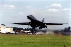 Air Display Prints: A United States Air Force Rockwell B-1 Lancer strategic bomber aircraft takes off on its