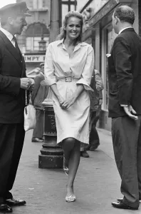 Ursula Andress, Swiss actress, pictured outside the offices of Gala Films Limited, London