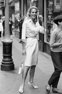 01105 Prints: Ursula Andress, Swiss actress, pictured outside the offices of Gala Films Limited, London