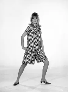 Uschie Bernell modelling beach dress / trouser in Reveille Studios 1965