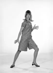 Uschie Bernell modelling beach dress / trouser in Reveille Studios 1965