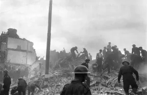 V1 flying bomb falls on dwelling houses and shops somewhere in Southern England