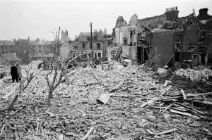 V2 Rocket incident near Herbert Road, Woolwich. OPS Flattened houses