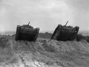 Tanks Prints: Valentine tanks straight off the production line are put through their paces at Leyland