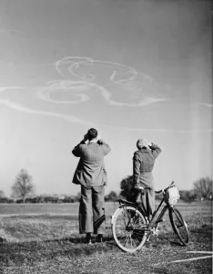 Vapour trails of a dogfight during the Battle of Britain seen from Rusthall Common