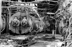 Wreckage Prints: The Vaux Brewery in Sunderland - The wrecked boiler room after an explosion ripped