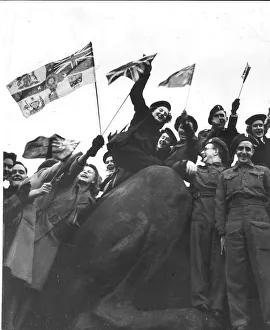 Flags Prints: VE Day celebrations in Trafalgar Square London 1945 at the end of WW2 in Europe