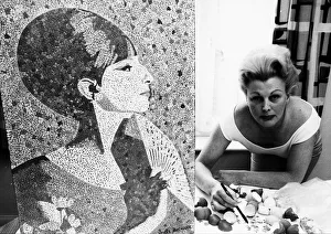 Verna Hitchcock with portrait of Babara Streisand 1966 made from egg shells